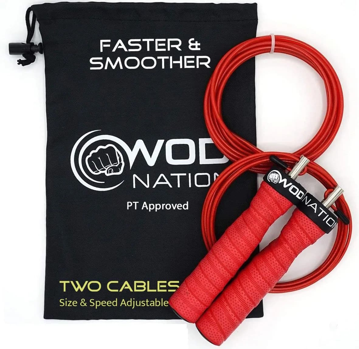 WOD Nation Alloy Steel Jump Rope with Two-Cable Design & Travel Bag, 11 ft (3.35 m) | Adjustable Speed Rope for Fitness — Red thumbnail 1