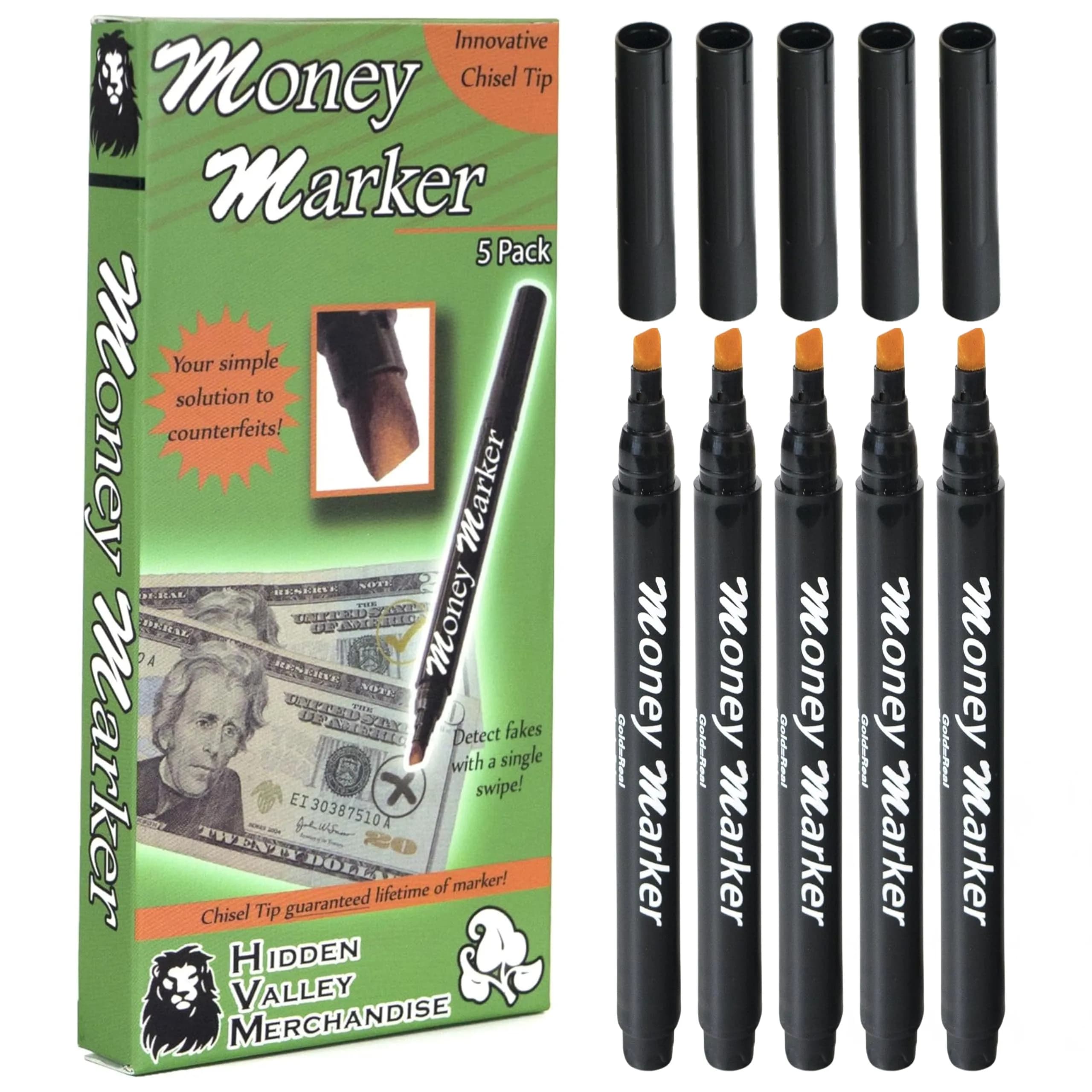HVM Counterfeit Money Detector Pen 5-Pack | Detect Fake Bills — Assorted