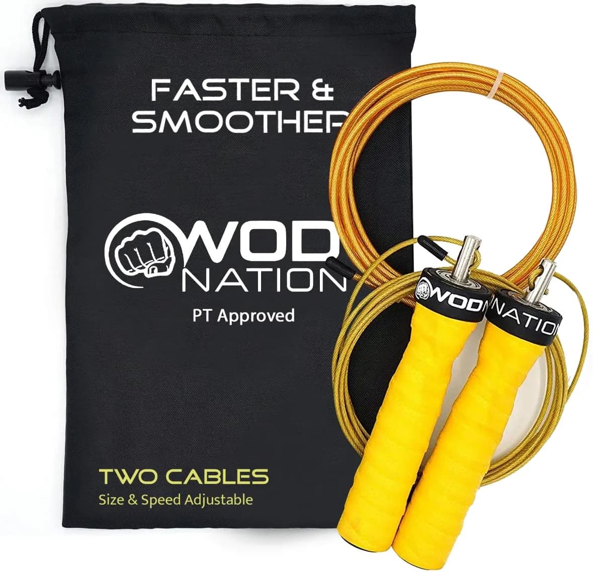 WOD Nation Adjustable Jump Rope Blue 3.5m (11 ft) | Dual Cable Speed & Weighted Workout — Yellow