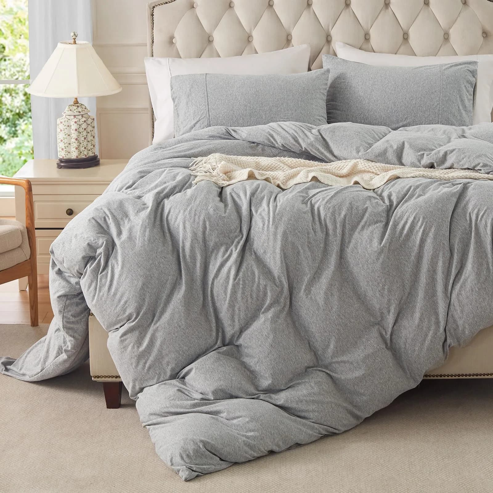 PURE ERA Jersey Knit Duvet Cover Set Solid Olive Green King | Ultra Soft Cotton, All Seasons — Heather Grey(no Comforter) / Queen