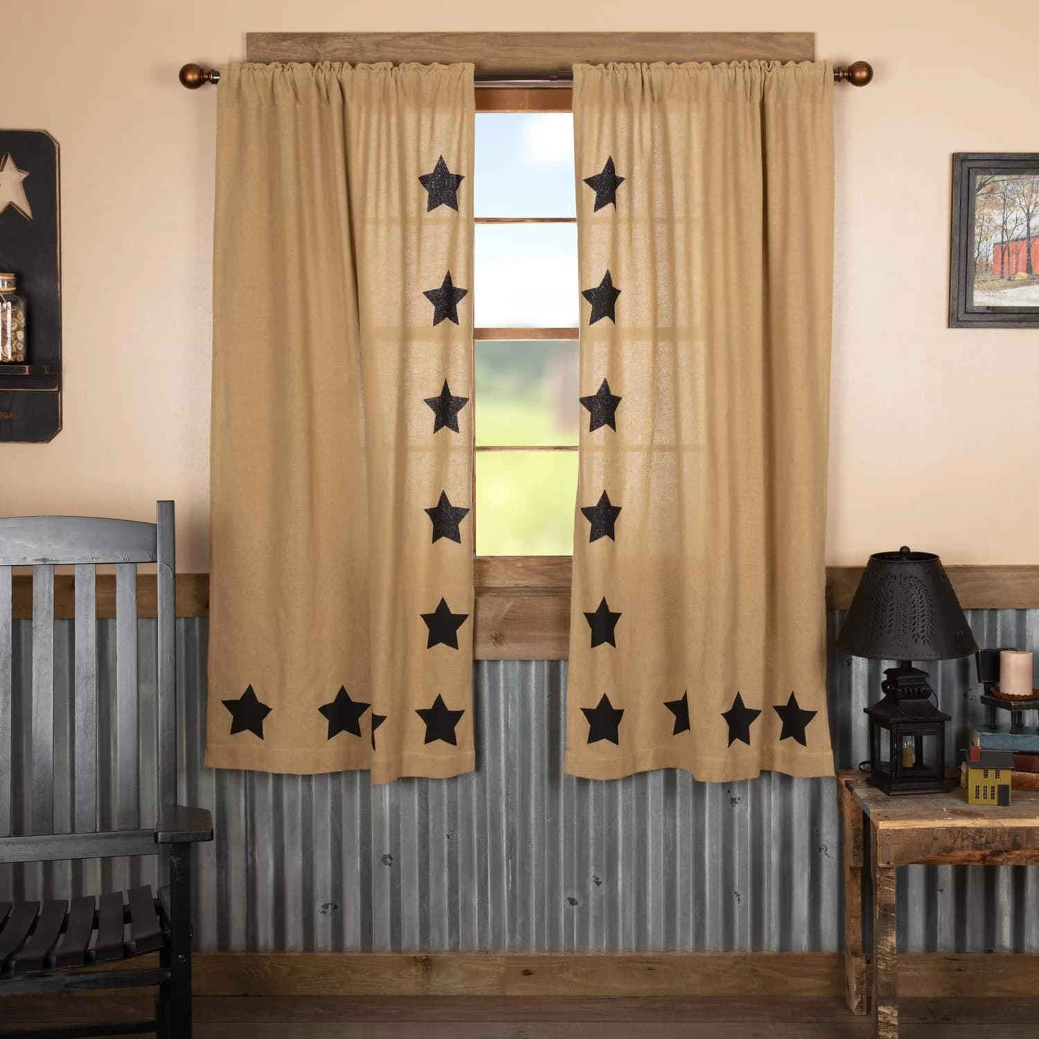 VHC Brands Burlap Natural with Black Stars Primitive 63"x36" Panel Pair Tan Rod Pocket Cotton Tie Back(s) Window Curtains — Natural W/ Black Stars
