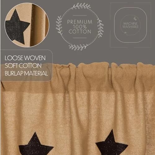 VHC Brands Burlap Natural with Black Stars Primitive 63"x36" Panel Pair Tan Rod Pocket Cotton Tie Back(s) Window Curtains thumbnail 4