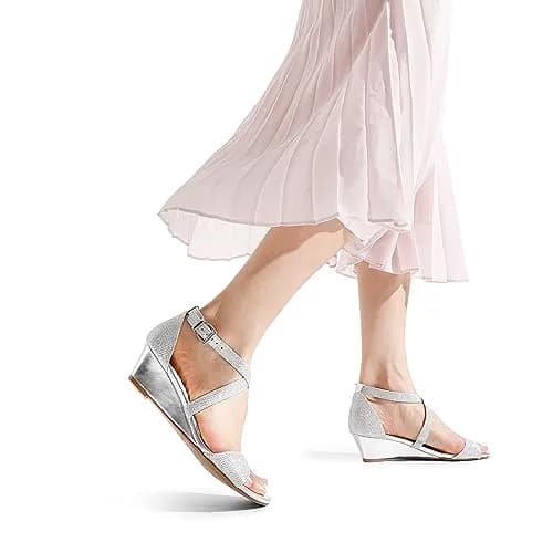 DREAM PAIRS Women's Low Wedge Sandals Ankle Strap Open Toe Size 9.5 Silver | Summer Dress Shoes thumbnail 8