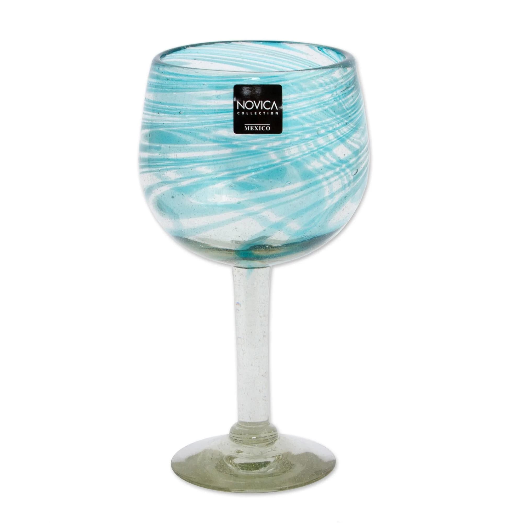 NOVICA Clear Blue Glass Hand Blown Wine Glasses, 13 Oz., 'Elegant Aqua Swirl' (Set Of 6) | Handcrafted Recycled Glass