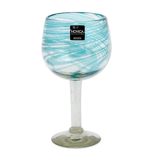 NOVICA Clear Blue Glass Hand Blown Wine Glasses, 13 Oz., 'Elegant Aqua Swirl' (Set Of 6) | Handcrafted Recycled Glass thumbnail 1
