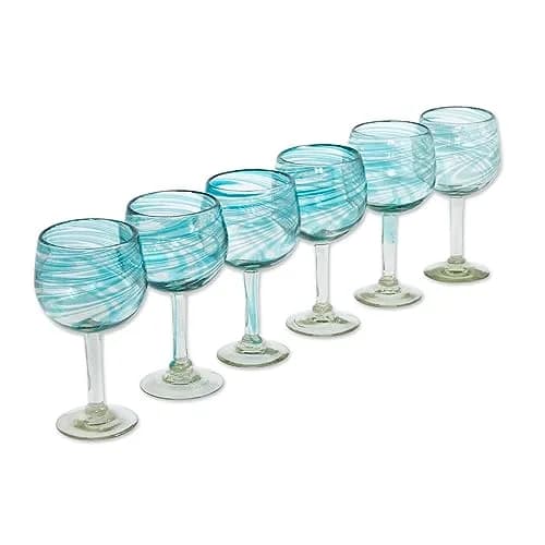 NOVICA Clear Blue Glass Hand Blown Wine Glasses, 13 Oz., 'Elegant Aqua Swirl' (Set Of 6) | Handcrafted Recycled Glass thumbnail 6