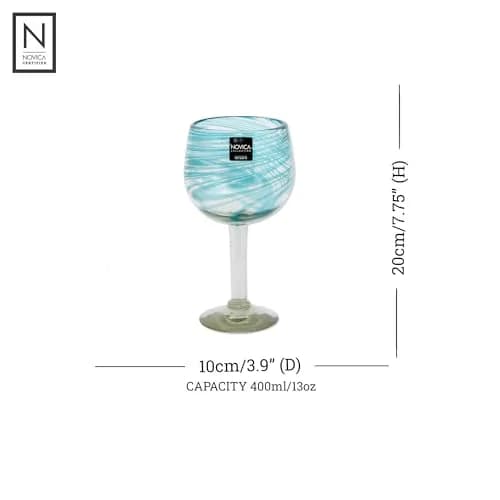 NOVICA Clear Blue Glass Hand Blown Wine Glasses, 13 Oz., 'Elegant Aqua Swirl' (Set Of 6) | Handcrafted Recycled Glass thumbnail 2