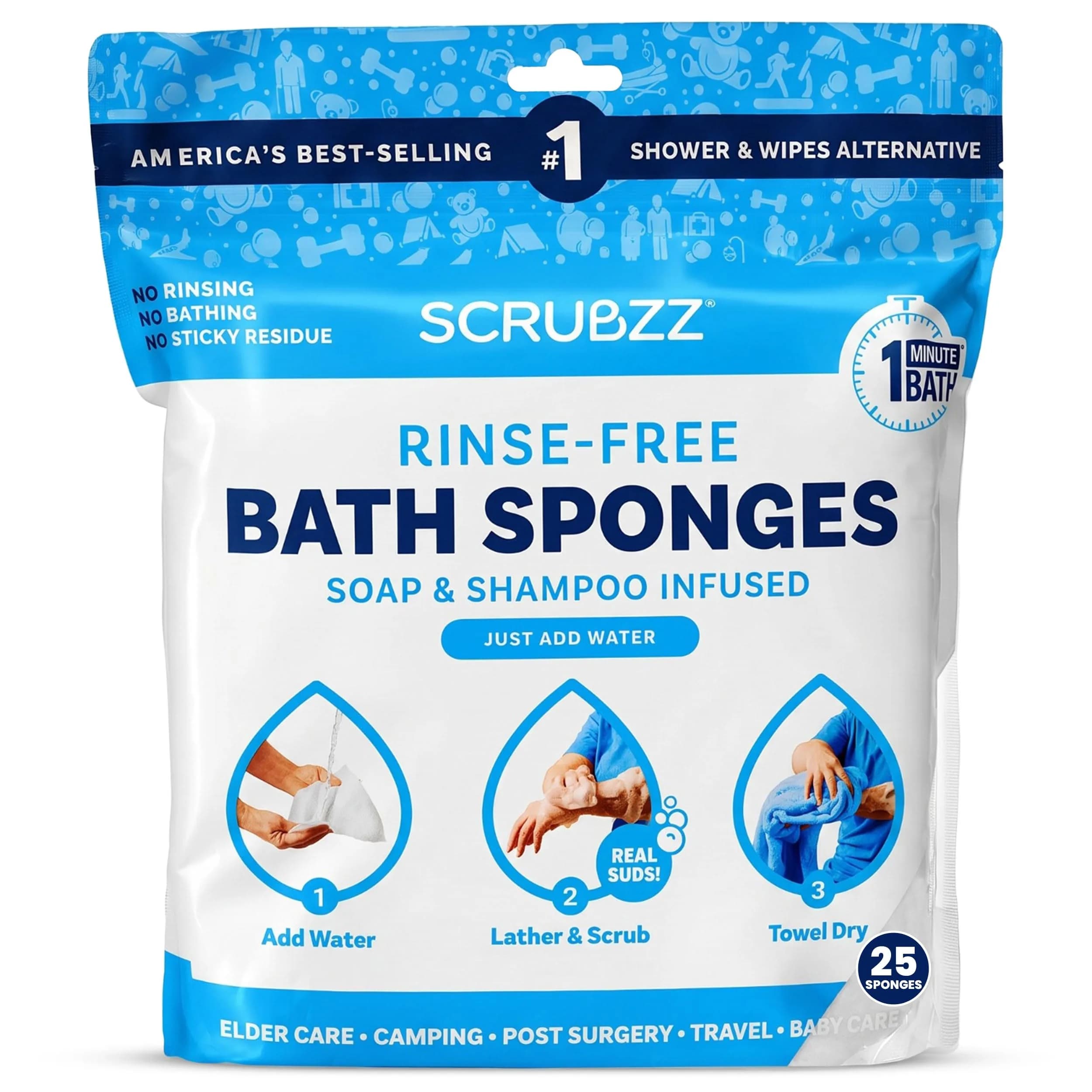 Scrubzz Disposable Rinse Free Bathing Wipes 25 Count (Pack of 1) | All-in-1 Single Use Shower Wipes - main product image