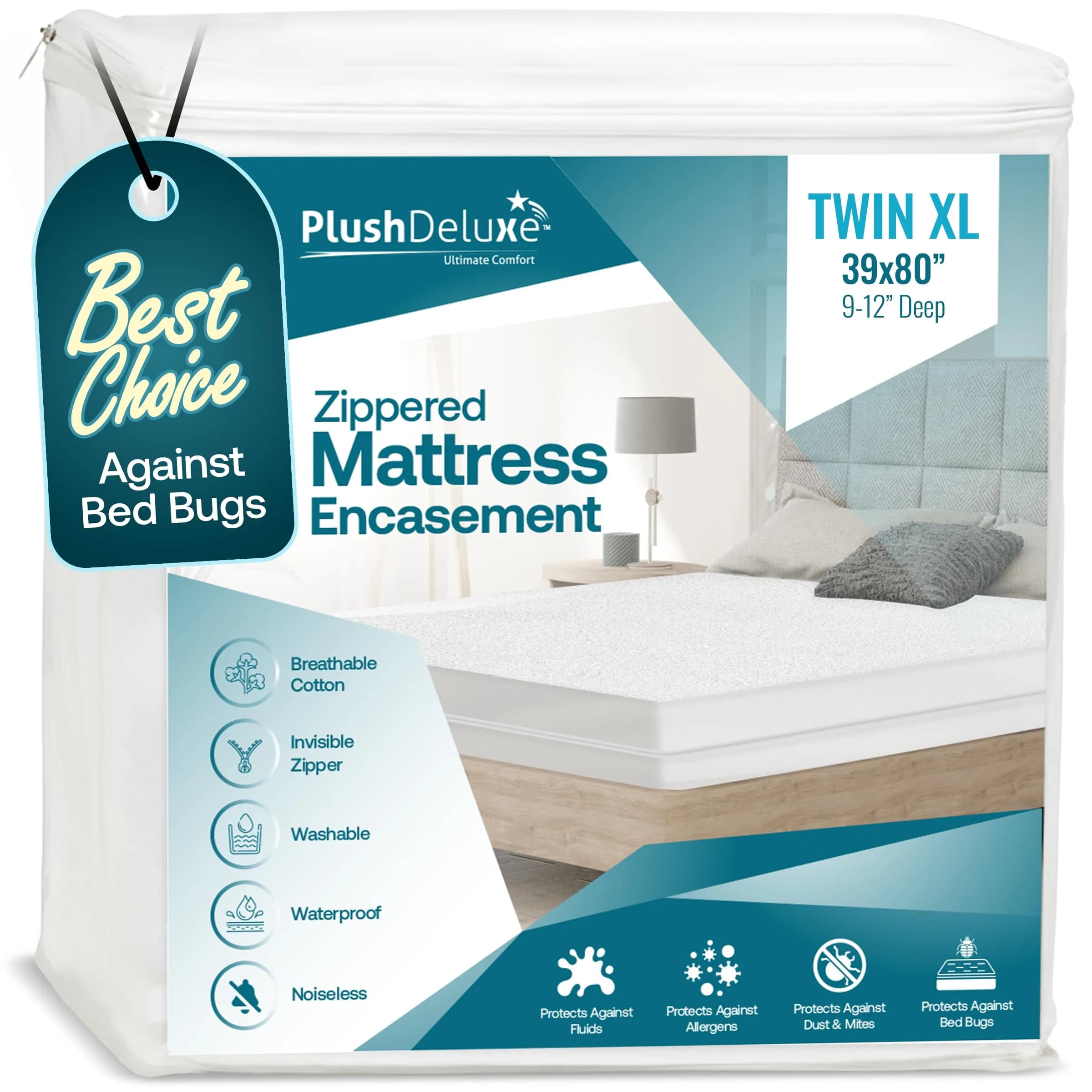 PlushDeluxe Twin-XL Mattress Encasement 39X80 Waterproof Bedbug Proof Hypoallergenic Cotton Terry
