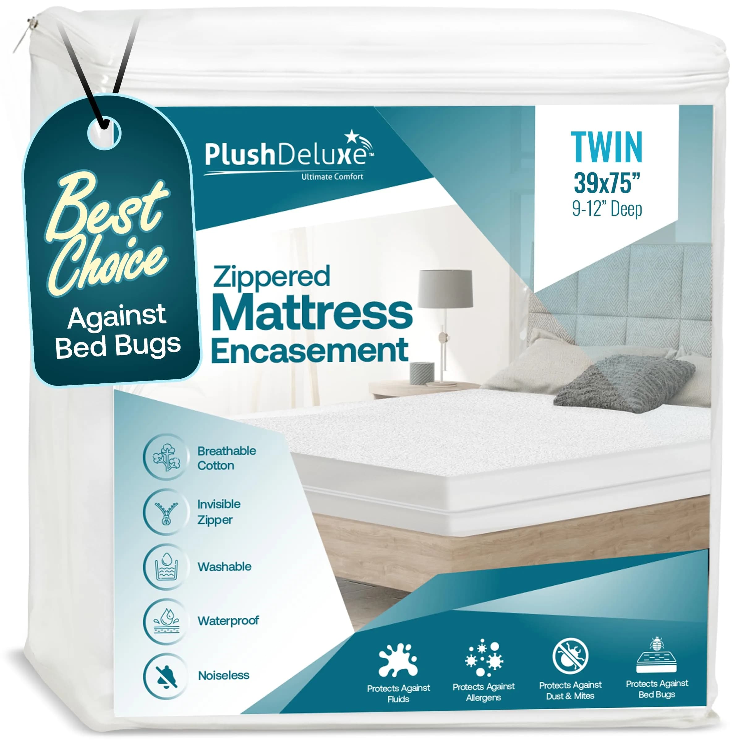 PlushDeluxe Mattress Encasement 100% Waterproof Twin | Soft Cotton Terry, Zippered, Hypoallergenic, 12-15" Deep