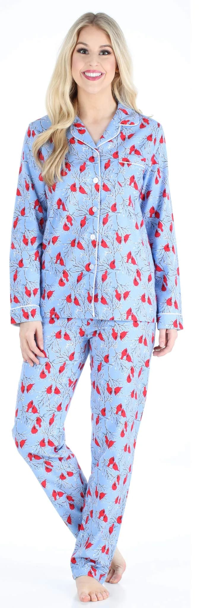 PajamaMania Women's Cotton Flannel Long Sleeve Pajama Set | Relaxed Fit, Notched Collar, Cardinal, Small