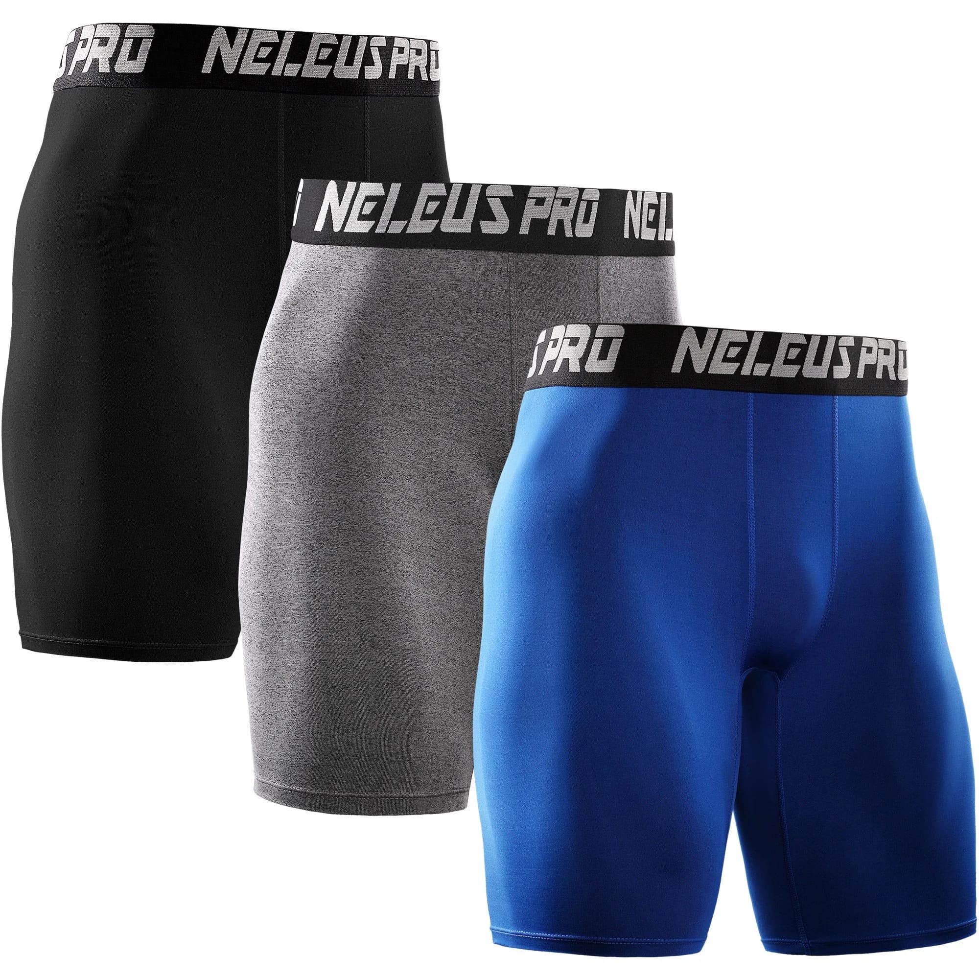 NELEUS Men's 3 Pack Athletic Compression Shorts | Quick Dry, Supportive Fit, US S — 6028#: Black,grey,blue
