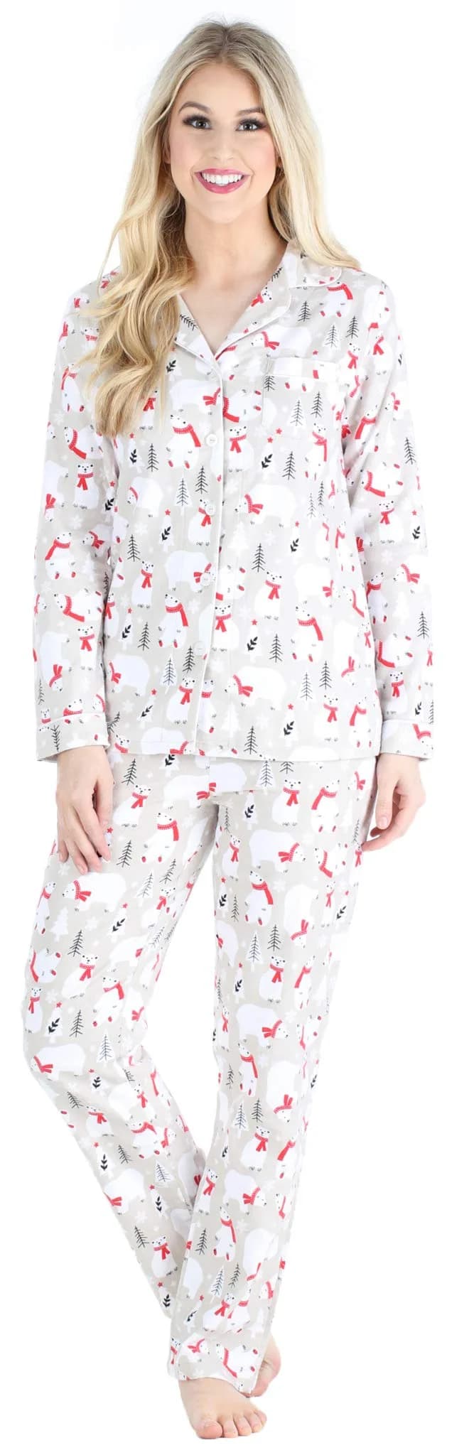 PajamaMania Women's Cotton Flannel Long Sleeve Pajama Set, Polar Bear, Large | Relaxed Fit, Warm & Soft