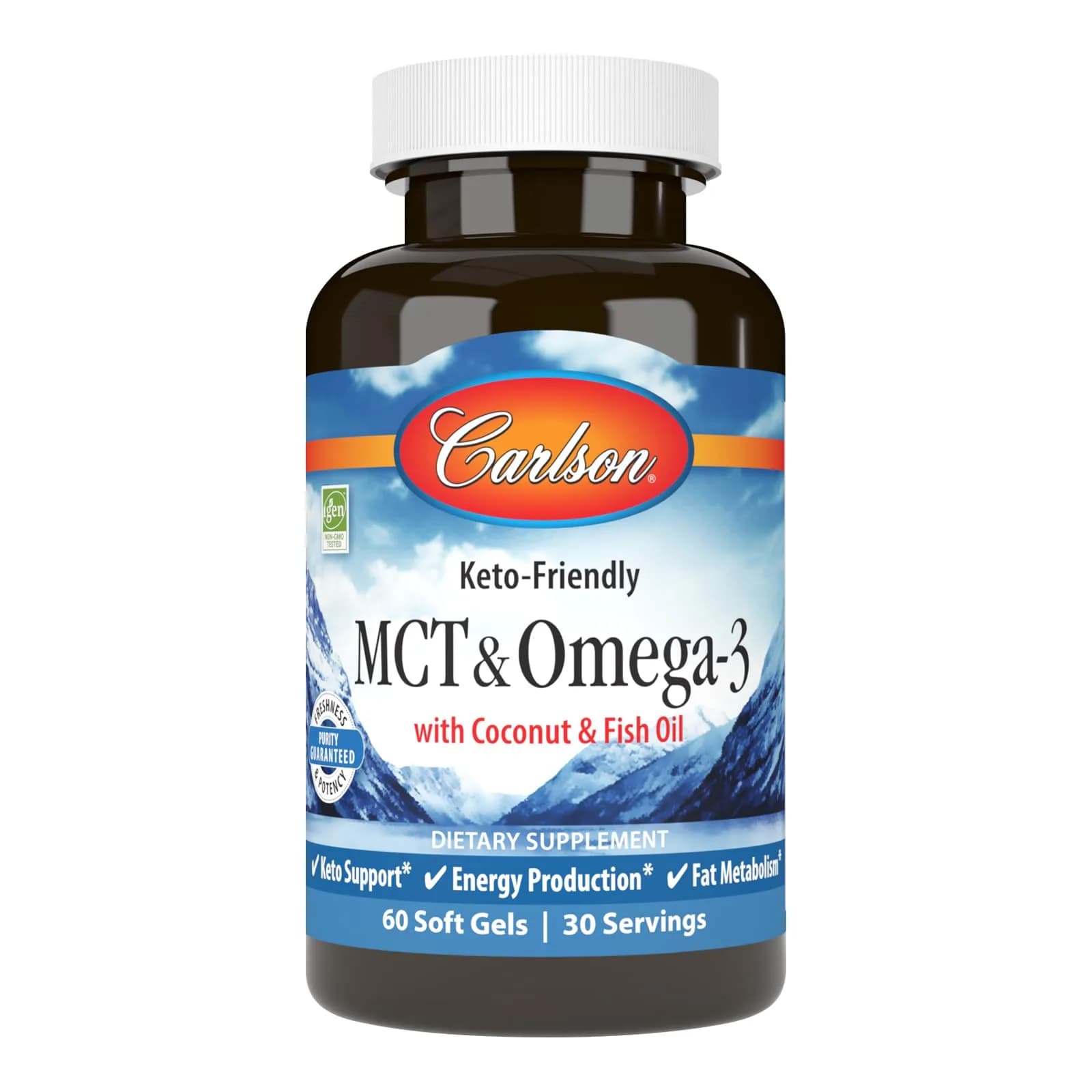 Carlson MCT & Omega-3 Coconut Oil 60 Softgels | Supports Fat Metabolism & Heart Health — No Color