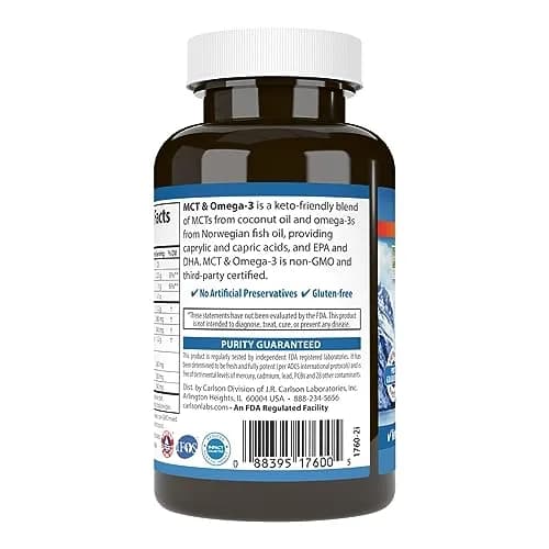 Carlson MCT & Omega-3 Coconut Oil 60 Softgels | Supports Fat Metabolism & Heart Health thumbnail 3