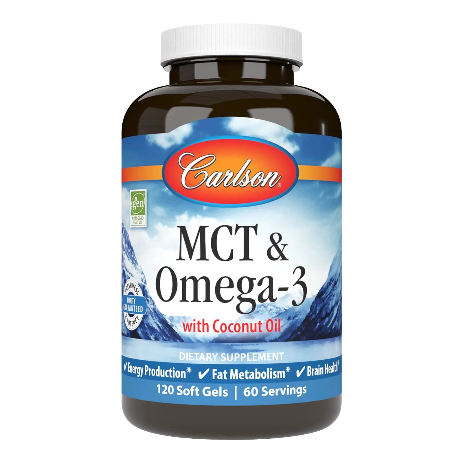 Carlson MCT & Omega-3 Coconut Oil 120 Softgels | Supports Heart & Brain Health