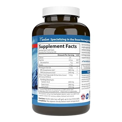 Carlson MCT & Omega-3 Coconut Oil 120 Softgels | Supports Heart & Brain Health thumbnail 2