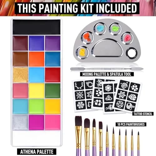 UCANBE Athena Face Body Paint Oil Makeup Set 20 Colors (168g/5.9oz) | Professional Oil-Based Makeup Kit with Brushes, Palette & Stencils thumbnail 2