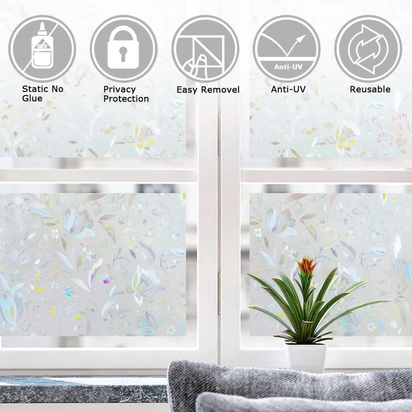 LEMON CLOUD Tulip Stained Glass Window Film 45cm (17.5") x 200cm (78.7") | Decorative Rainbow UV Blocking Anti-Glare - view 6