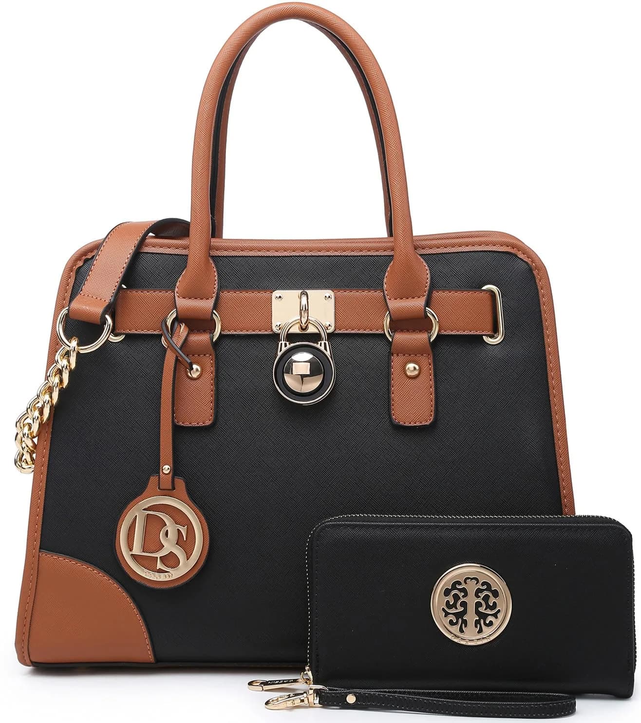 Dasein Women Handbags Top Handle Satchel Purse Shoulder Bag Hobo Bag Set 2pcs (White Floral) | Vegan Leather, Structured Design, 2pcs Set — Black