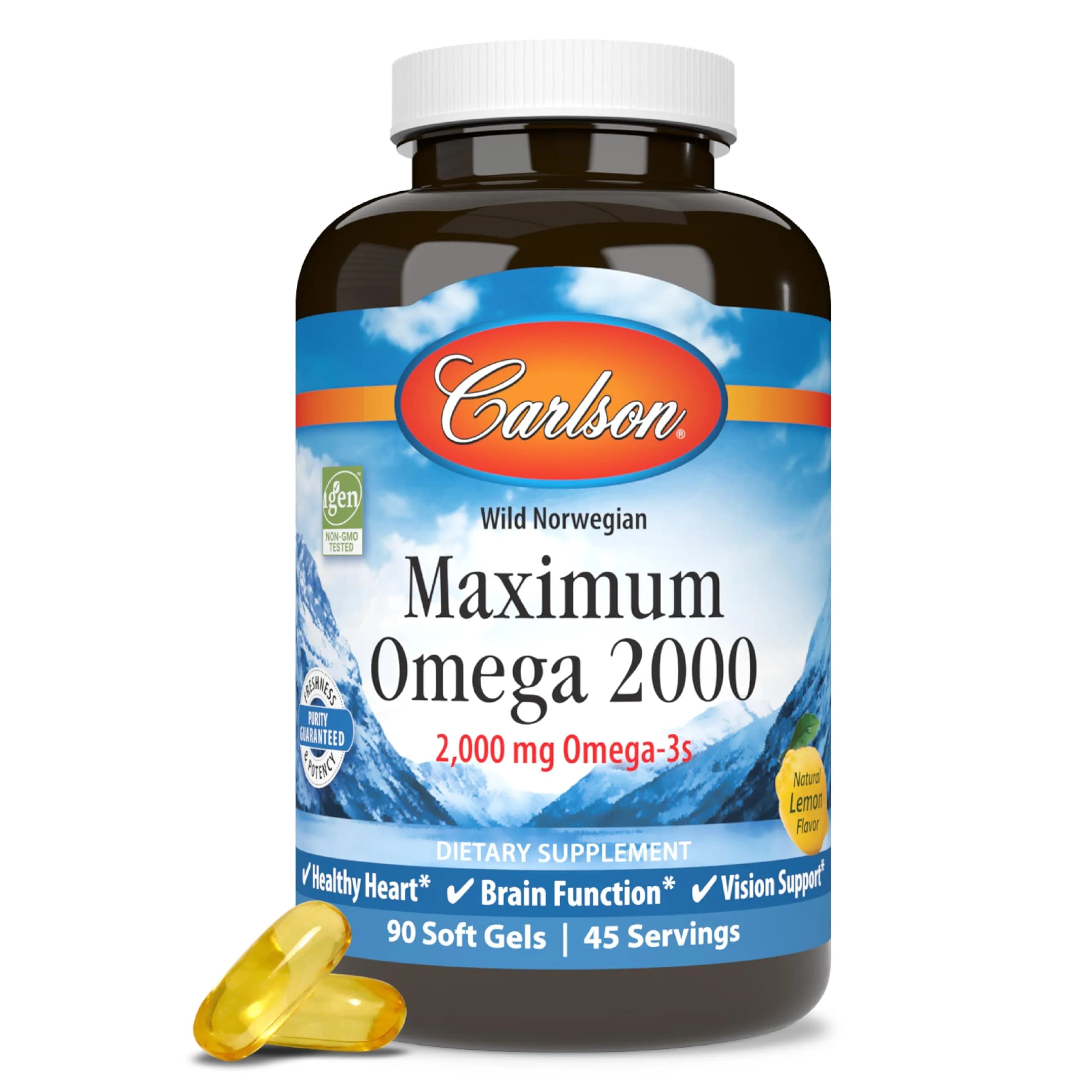 Carlson Maximum Omega 2000 mg Softgels | Wild-Caught Lemon Omega-3 Supplement for Whole Body Health — No Color