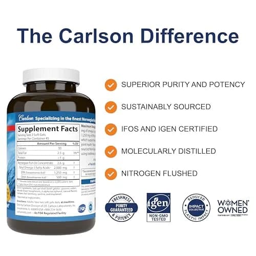 Carlson Maximum Omega 2000 mg Softgels | Wild-Caught Lemon Omega-3 Supplement for Whole Body Health thumbnail 2