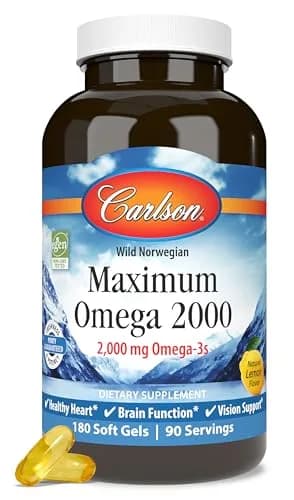 Carlson Maximum Omega 2000 mg | Wild-Caught Fish Oil Capsules with EPA & DHA, Lemon, 180 Softgels thumbnail 1