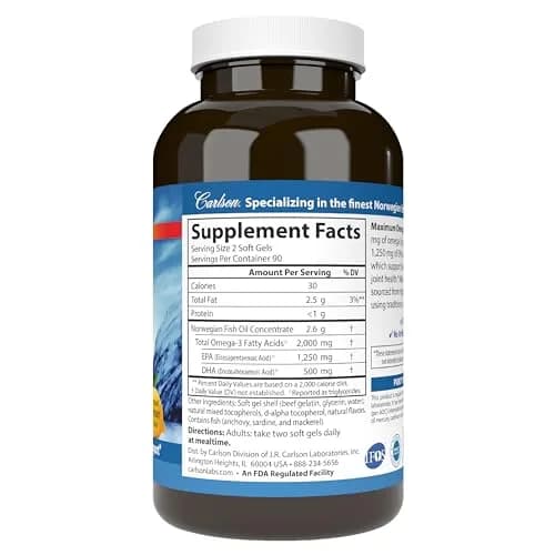 Carlson Maximum Omega 2000 mg | Wild-Caught Fish Oil Capsules with EPA & DHA, Lemon, 180 Softgels thumbnail 8