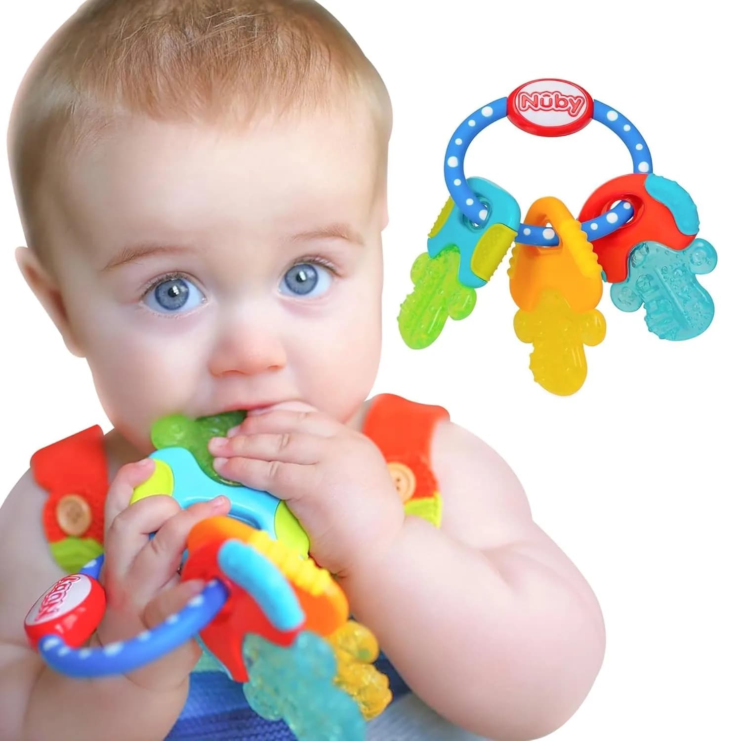 Nuby IcyBite Ice Gel Teether Keys for Infants - Silicone Baby Teether Toys - Gentle on Sore Gums - Baby Teething Relief - 3+ Months - Blue — Pink