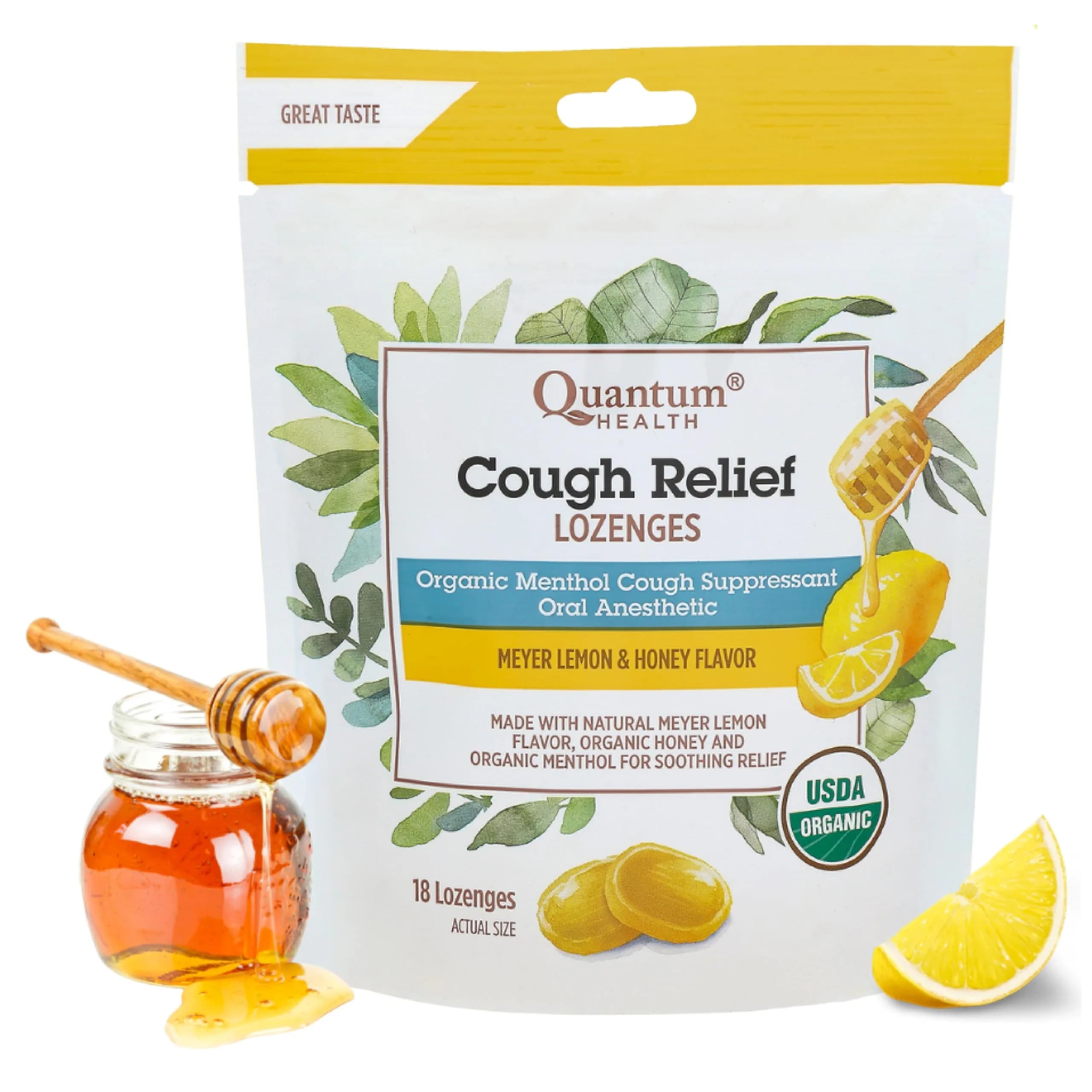 Quantum Organic Cough Drops Meyer Lemon & Honey 18 Lozenges | Soothing Throat & Cough Relief — Light Yellow