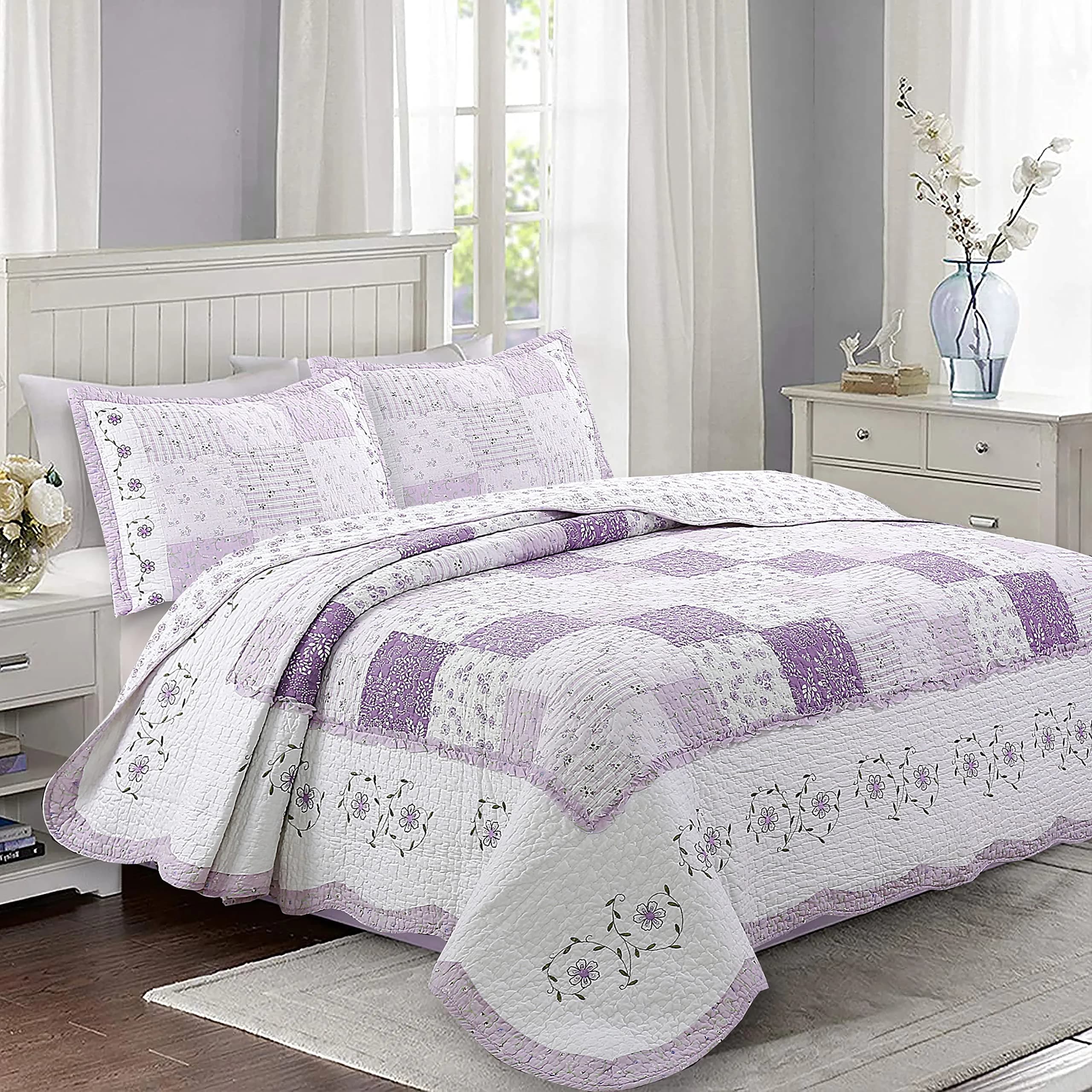 Cozy Line Home Fashions 100% Cotton Patchwork Quilt Set | Reversible Lilac Floral Bedspread (Queen) — Lilac