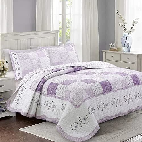 Cozy Line Home Fashions 100% Cotton Patchwork Quilt Set | Reversible Lilac Floral Bedspread (Queen) thumbnail 1
