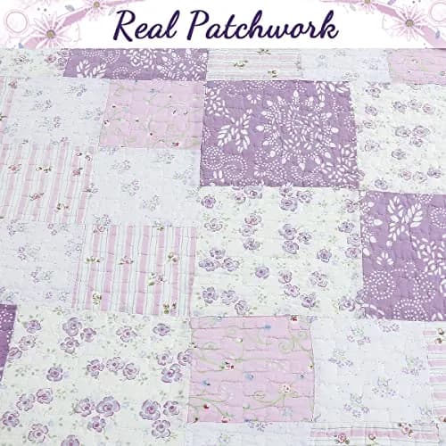 Cozy Line Home Fashions 100% Cotton Patchwork Quilt Set | Reversible Lilac Floral Bedspread (Queen) thumbnail 4