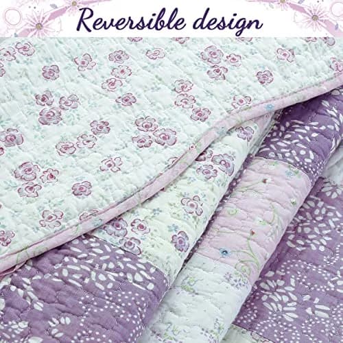 Cozy Line Home Fashions 100% Cotton Patchwork Quilt Set | Reversible Lilac Floral Bedspread (Queen) thumbnail 5