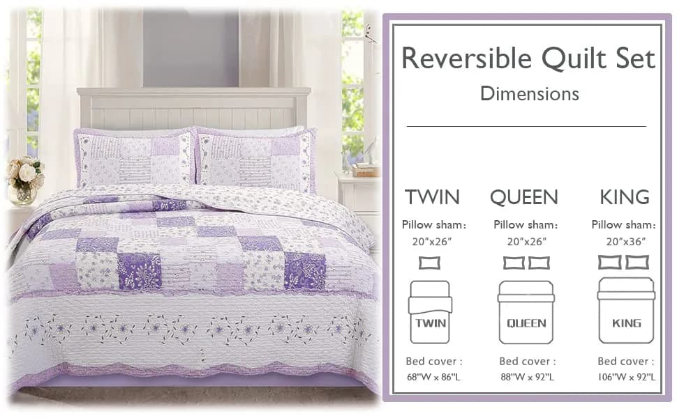 Cozy Line Home Fashions 100% Cotton Patchwork Quilt Set | Reversible Lilac Floral Bedspread (Queen) thumbnail 8