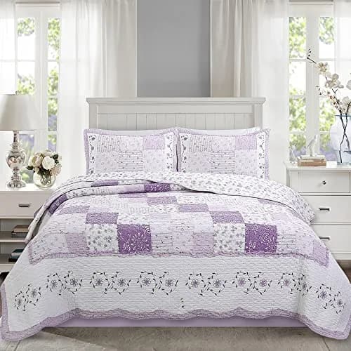 Cozy Line Home Fashions 100% Cotton Patchwork Quilt Set | Reversible Lilac Floral Bedspread (Queen) thumbnail 2