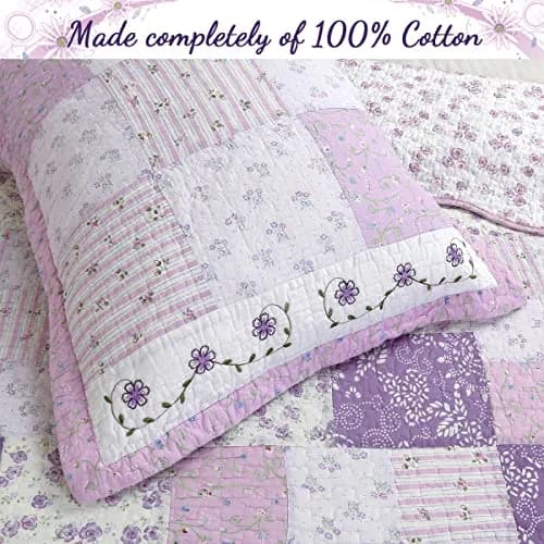 Cozy Line Home Fashions 100% Cotton Patchwork Quilt Set | Reversible Lilac Floral Bedspread (Queen) thumbnail 3