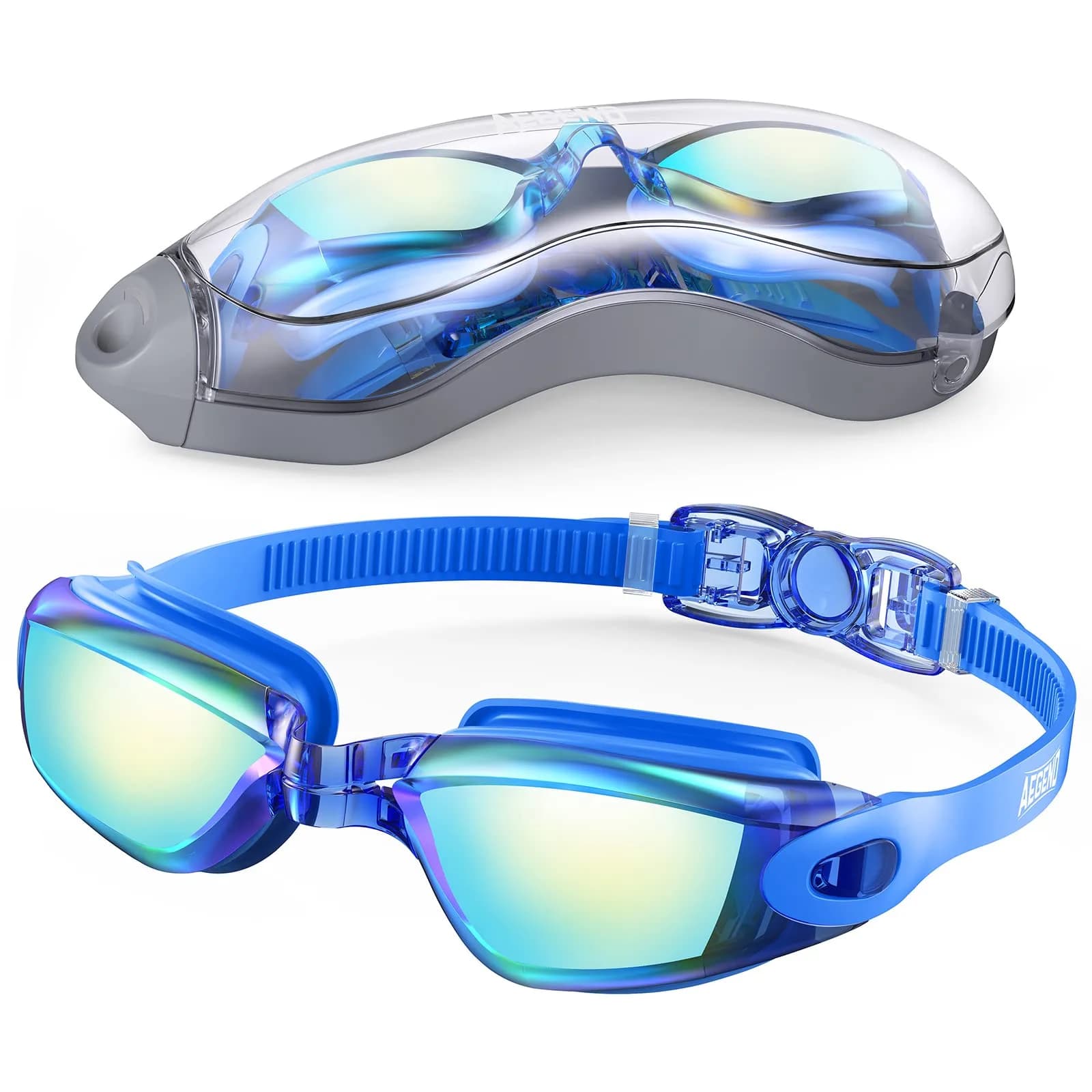 Aegend Swim Goggles, No Leaking Full Protection Adult Youth | 180° Panoramic Clear View — Blue Sliver