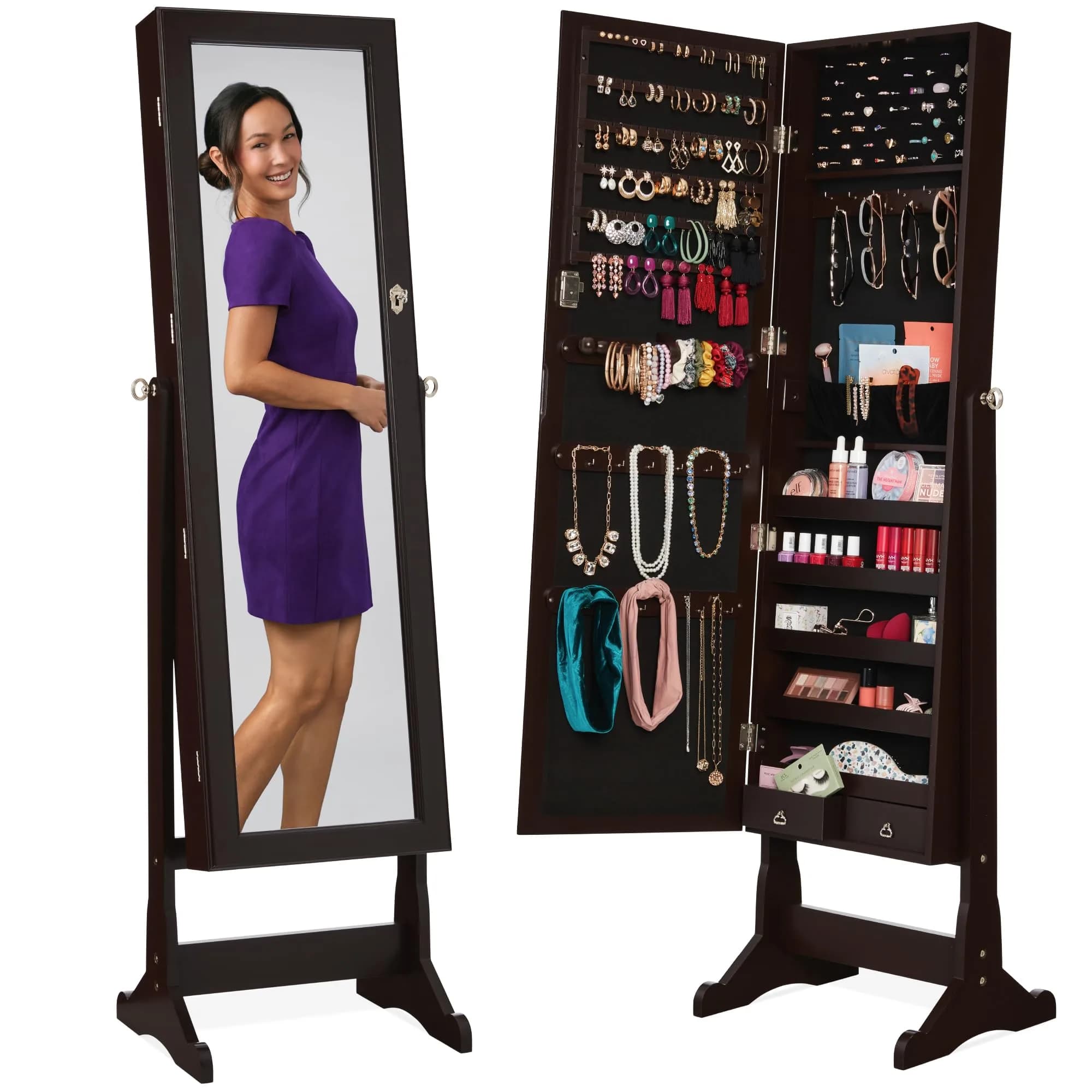 Best Choice Products Full Length Freestanding Jewelry Armoire Cabinet | Lockable Mirror with Velvet Interior, 3 Angles, 5 Shelves, Espresso