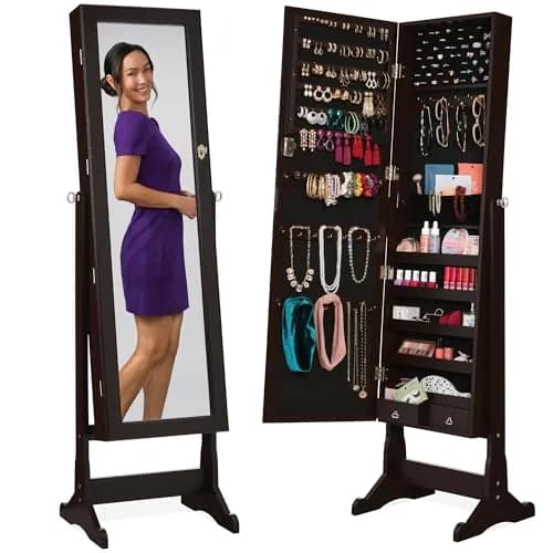 Best Choice Products Full Length Freestanding Jewelry Armoire Cabinet | Lockable Mirror with Velvet Interior, 3 Angles, 5 Shelves, Espresso thumbnail 1