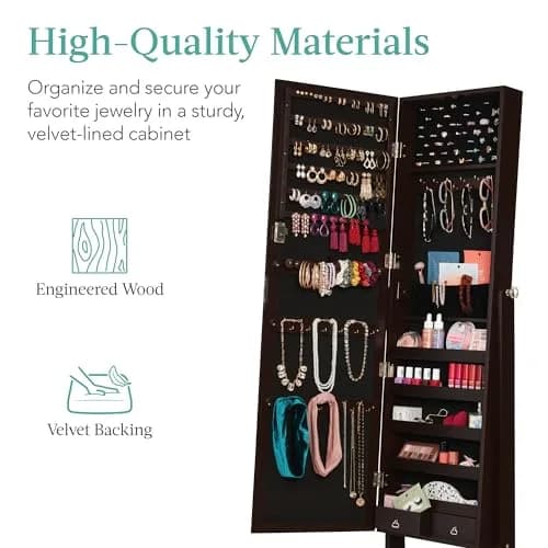 Best Choice Products Full Length Freestanding Jewelry Armoire Cabinet | Lockable Mirror with Velvet Interior, 3 Angles, 5 Shelves, Espresso thumbnail 5