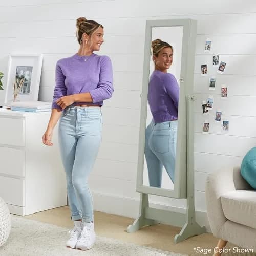 Best Choice Products Full Length Freestanding Jewelry Armoire Cabinet | Lockable Mirror with Velvet Interior, 3 Angles, 5 Shelves, Espresso thumbnail 6
