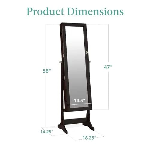 Best Choice Products Full Length Freestanding Jewelry Armoire Cabinet | Lockable Mirror with Velvet Interior, 3 Angles, 5 Shelves, Espresso thumbnail 7