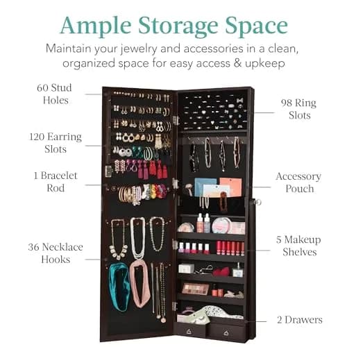 Best Choice Products Full Length Freestanding Jewelry Armoire Cabinet | Lockable Mirror with Velvet Interior, 3 Angles, 5 Shelves, Espresso thumbnail 2