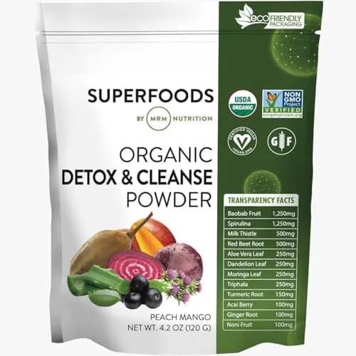MRM Organic Detox and Cleanse Powder Peach Mango Flavor 120g (4.2 oz) | USDA Organic Superfood Blend thumbnail 1