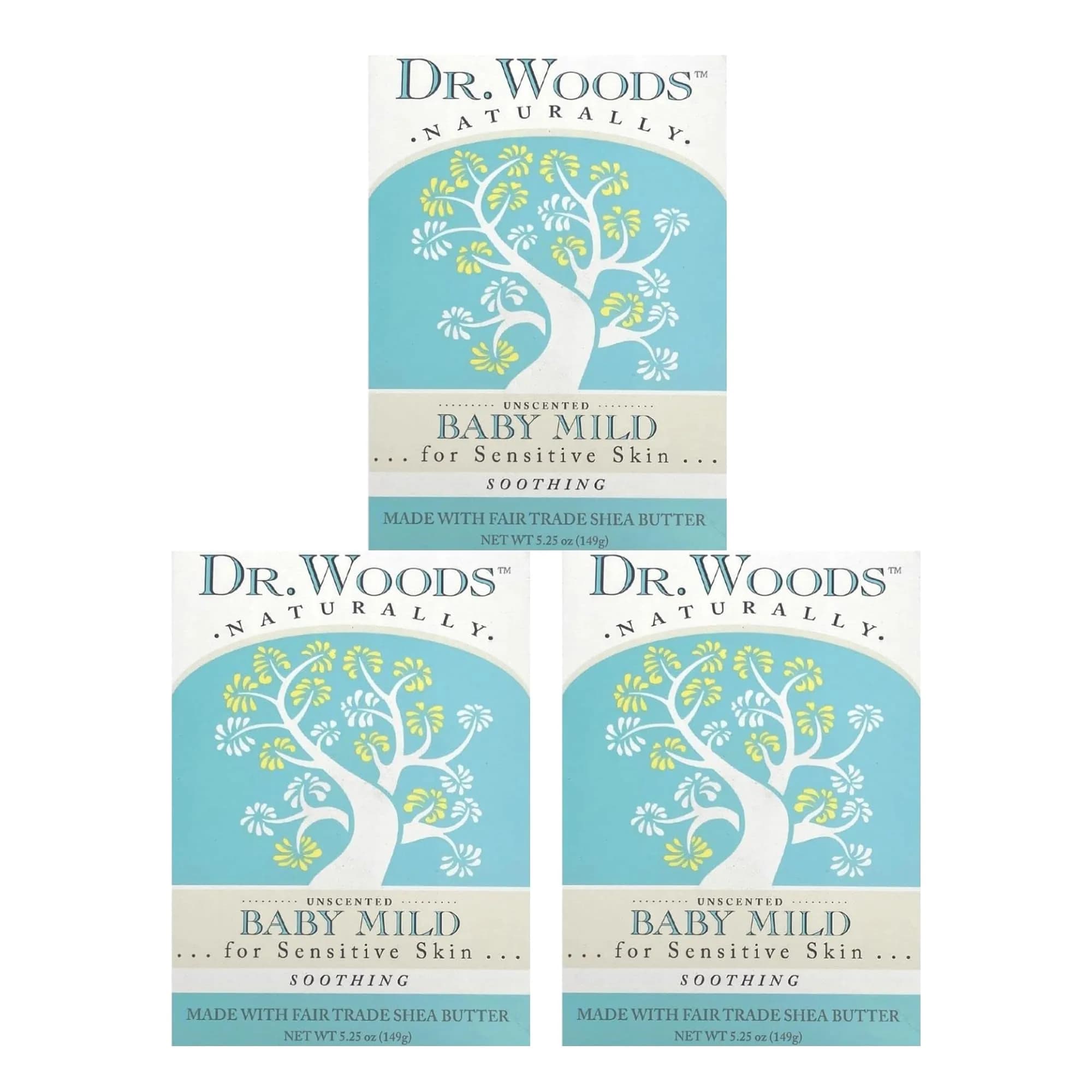 Dr. Woods Unscented Baby Mild Bar Soap 15.75 oz (3 x 5.25 oz) | Gentle Castile Soap for Sensitive Skin — Unscented