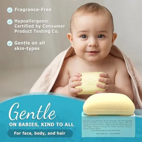 Dr. Woods Unscented Baby Mild Bar Soap 15.75 oz (3 x 5.25 oz) | Gentle Castile Soap for Sensitive Skin thumbnail 2