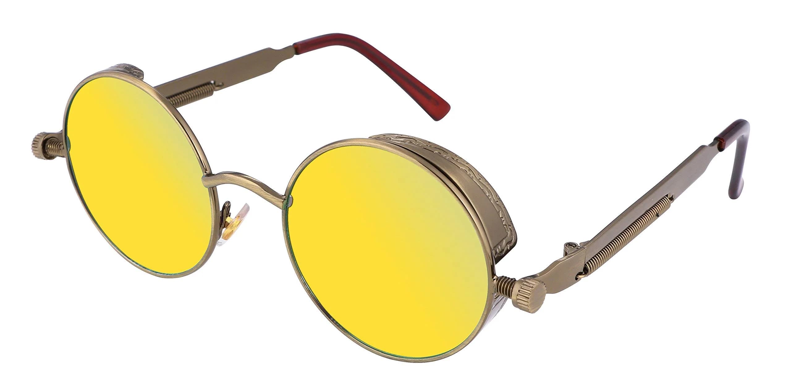 FEISEDY Retro Gothic Steampunk Sunglasses Round Metal Frame Bronze/Goldgreen | UV400 Protection — Bronze/Goldgreen