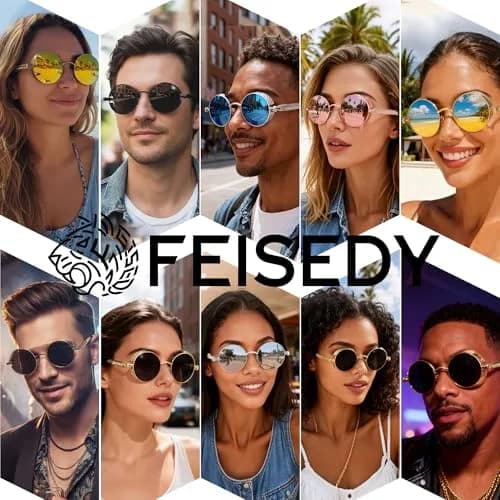 FEISEDY Retro Gothic Steampunk Sunglasses Round Metal Frame Bronze/Goldgreen | UV400 Protection thumbnail 5