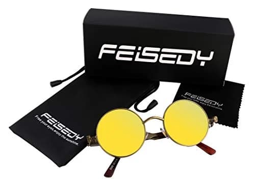 FEISEDY Retro Gothic Steampunk Sunglasses Round Metal Frame Bronze/Goldgreen | UV400 Protection thumbnail 6